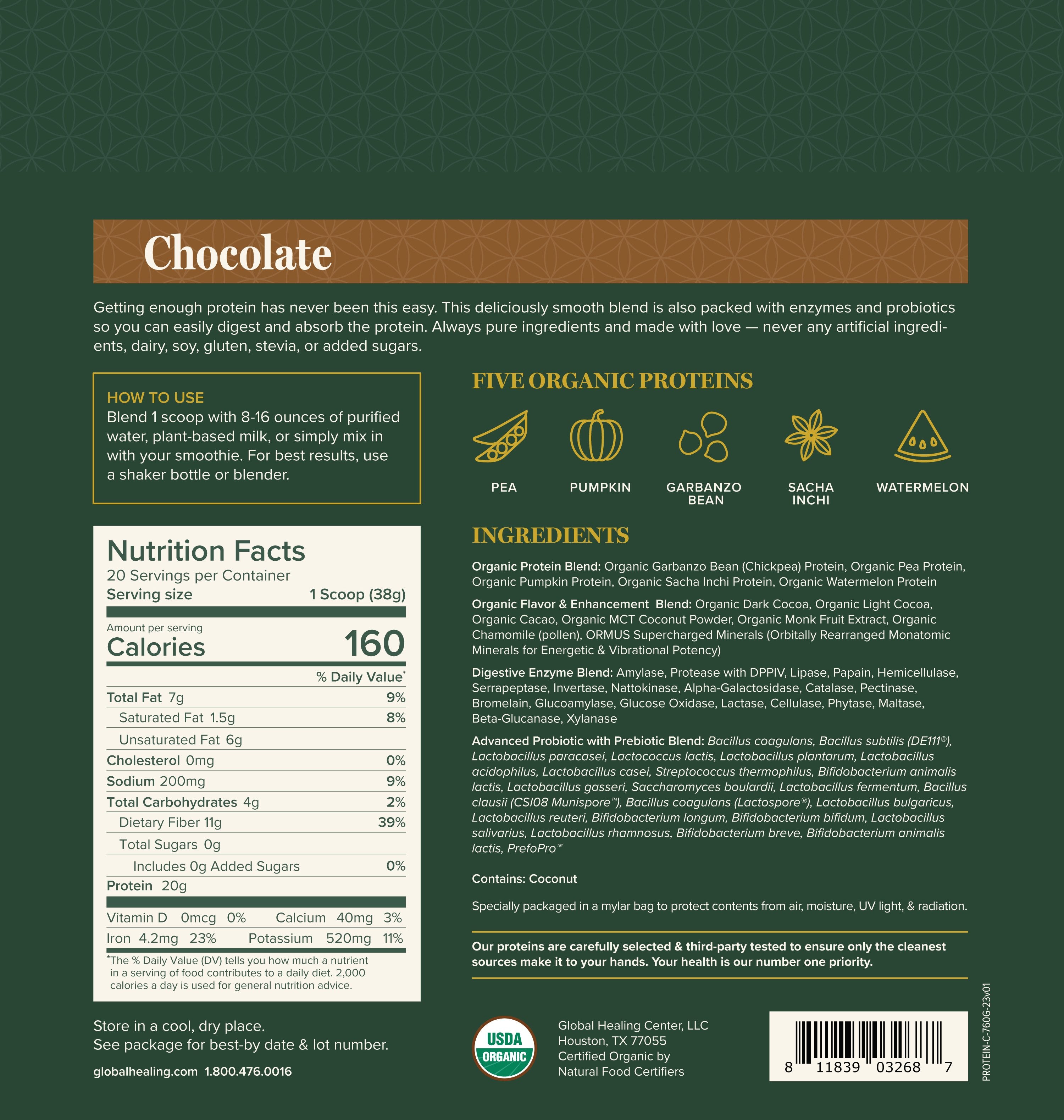 The back of a Global Healing chocolate label featuring Advanced Digestive Enzymes & Probiotics.