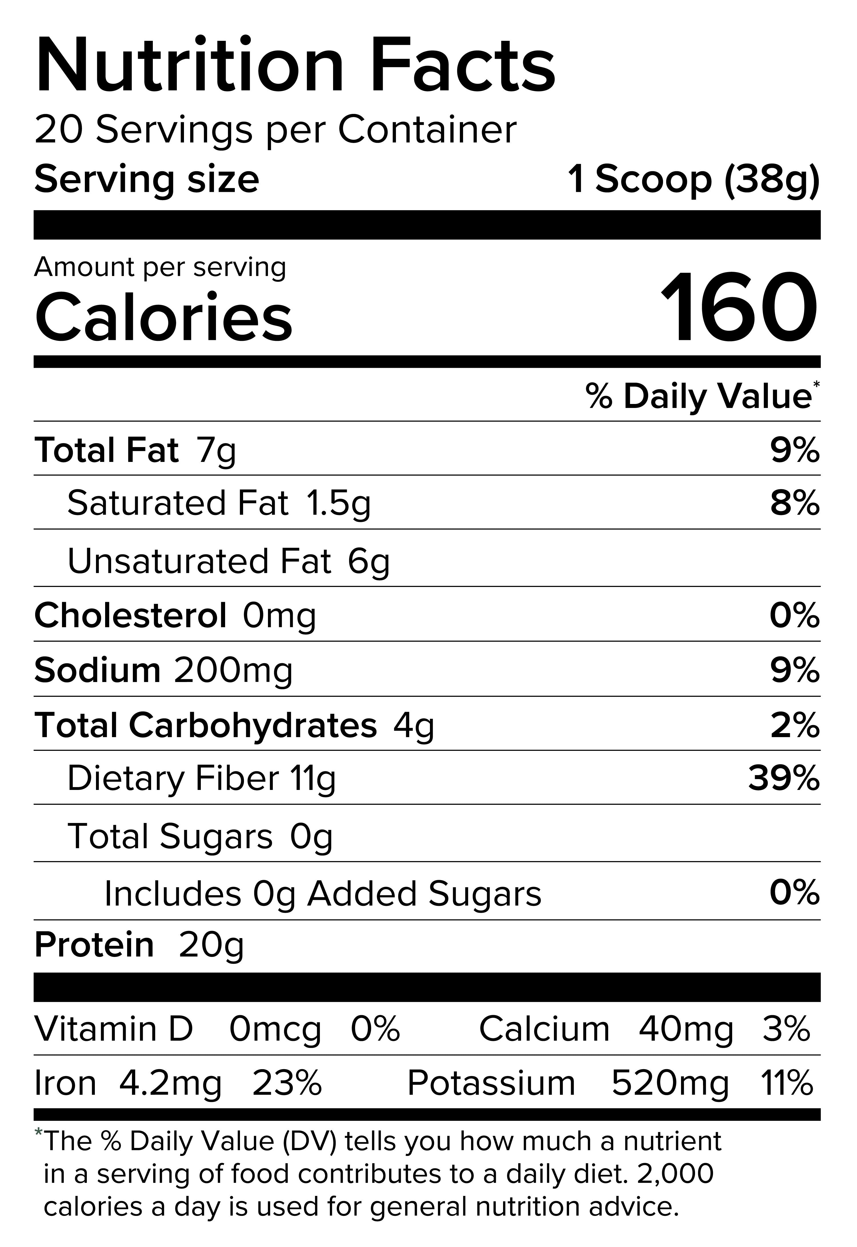 Global Healing's Pure Plant Protein displays its nutritional facts on a concise label.