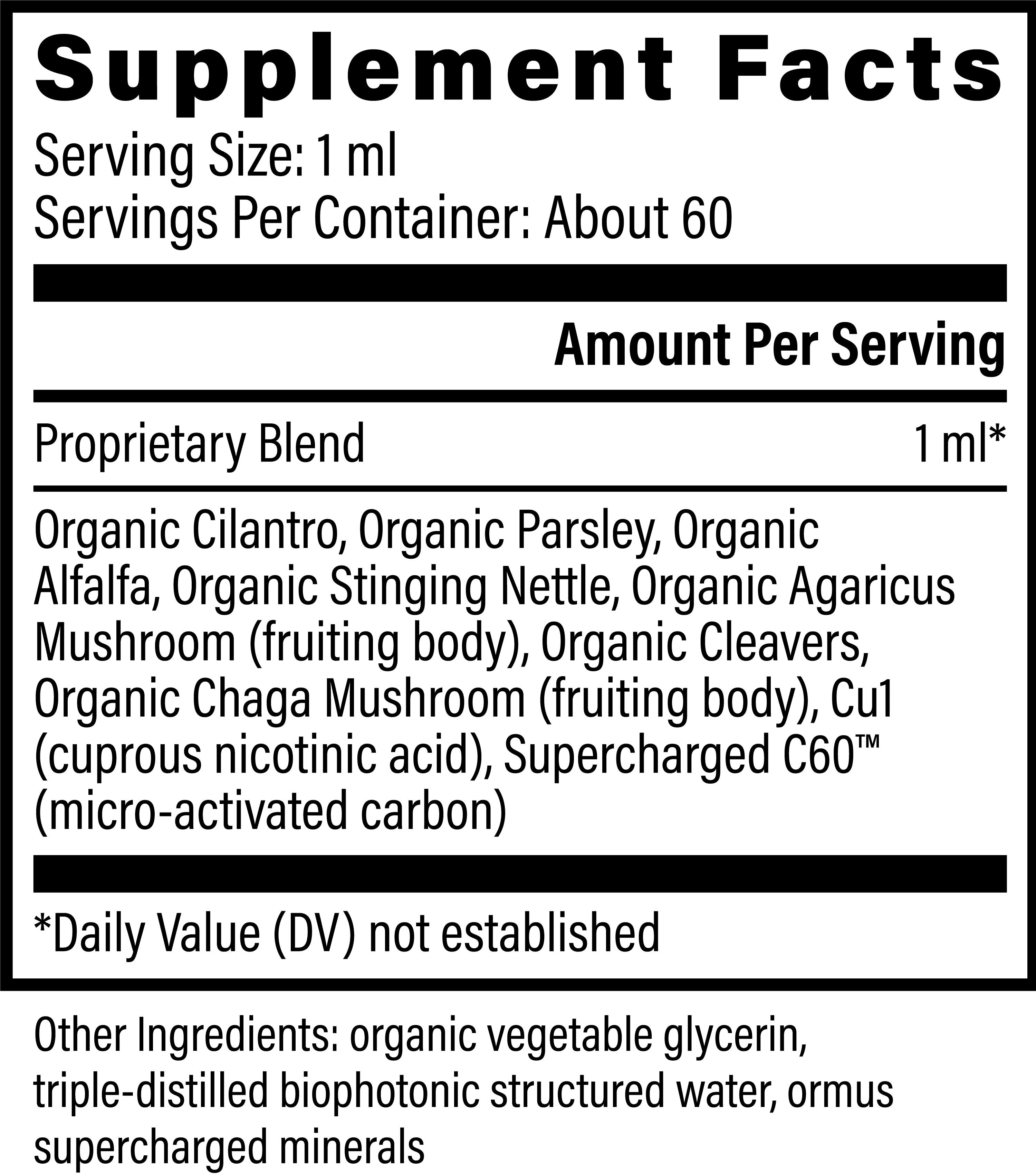 A label for the Global Healing Heavy Metal and Chemical Cleanse Binder Supplement Facts