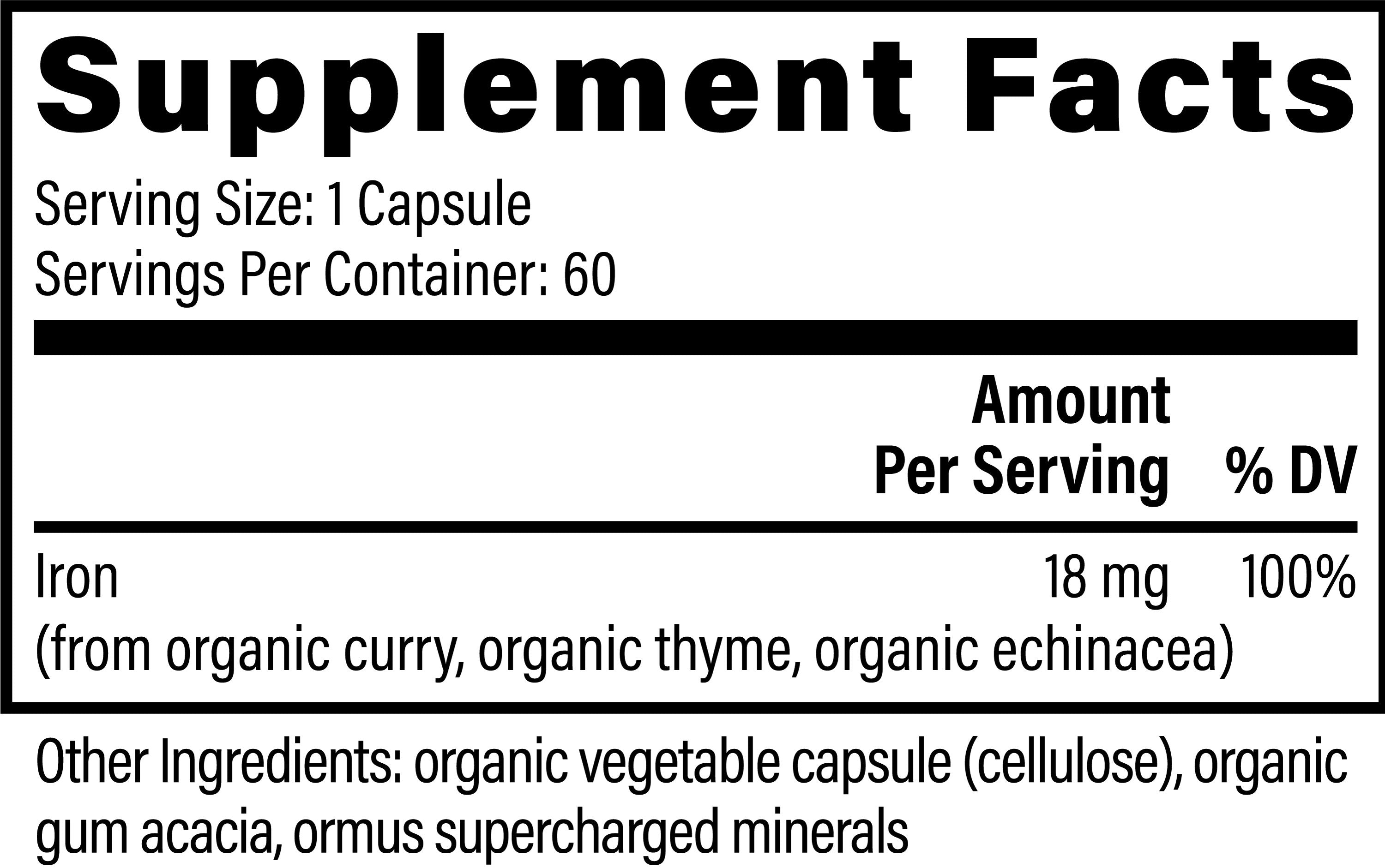Global Healing Plant Based Iron From Curry Thyme and Echinacea Supplement Facts 60 Capsules
