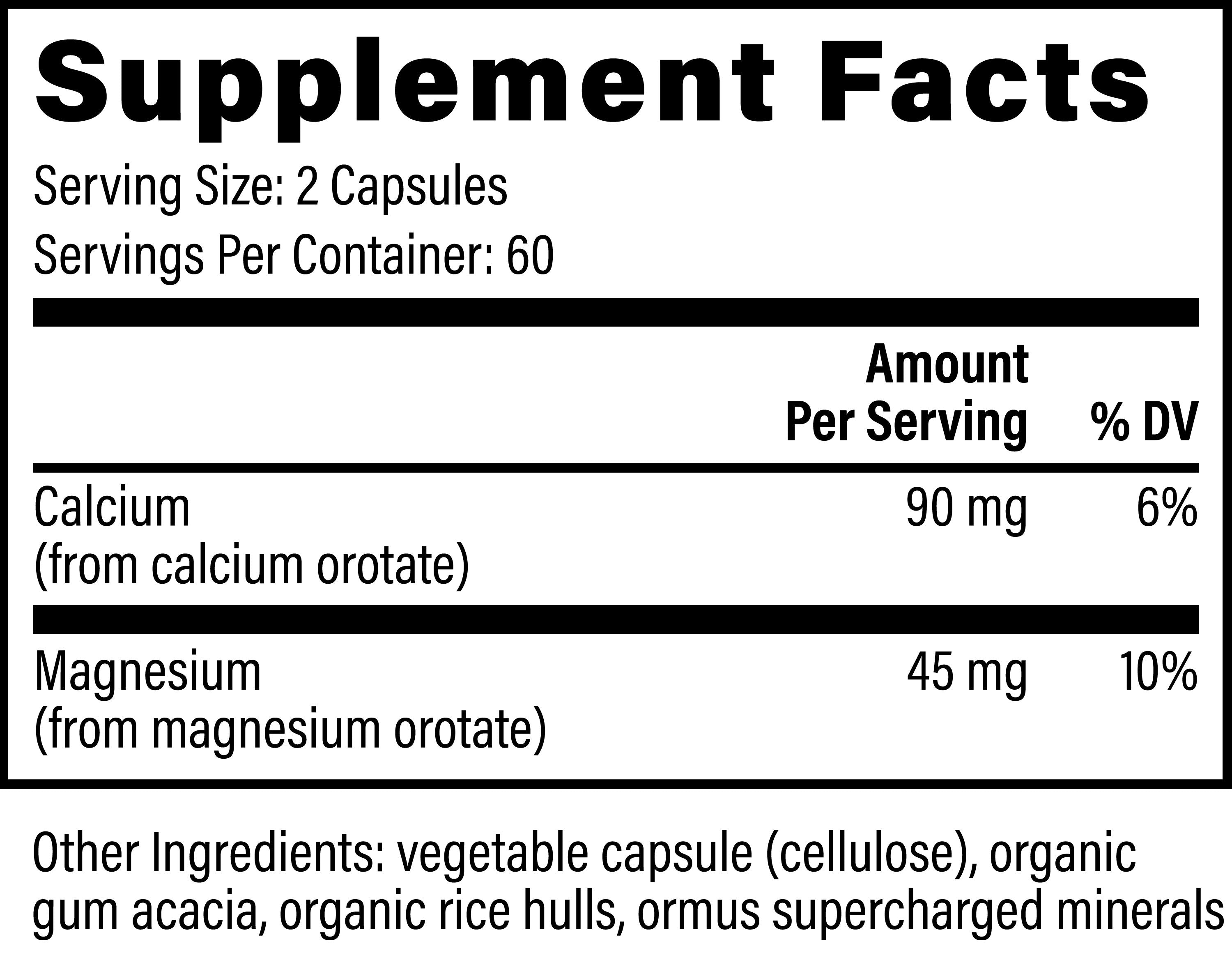 Global Healing Calcium and Magnesium  Orotate 120 Capsules Bottle Supplement Facts