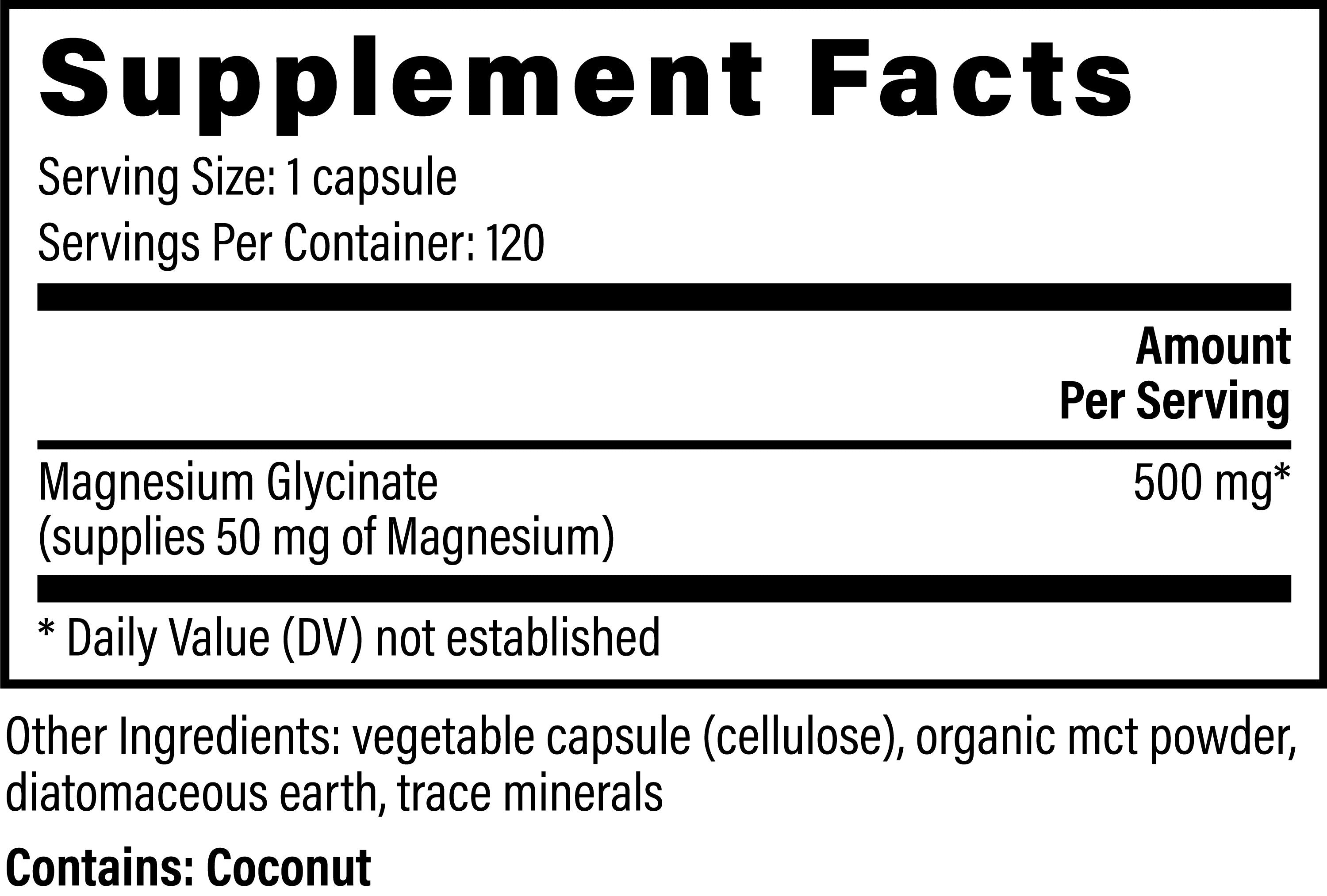 Supplement Facts label for Earth Harmony Magnesium Glycinate