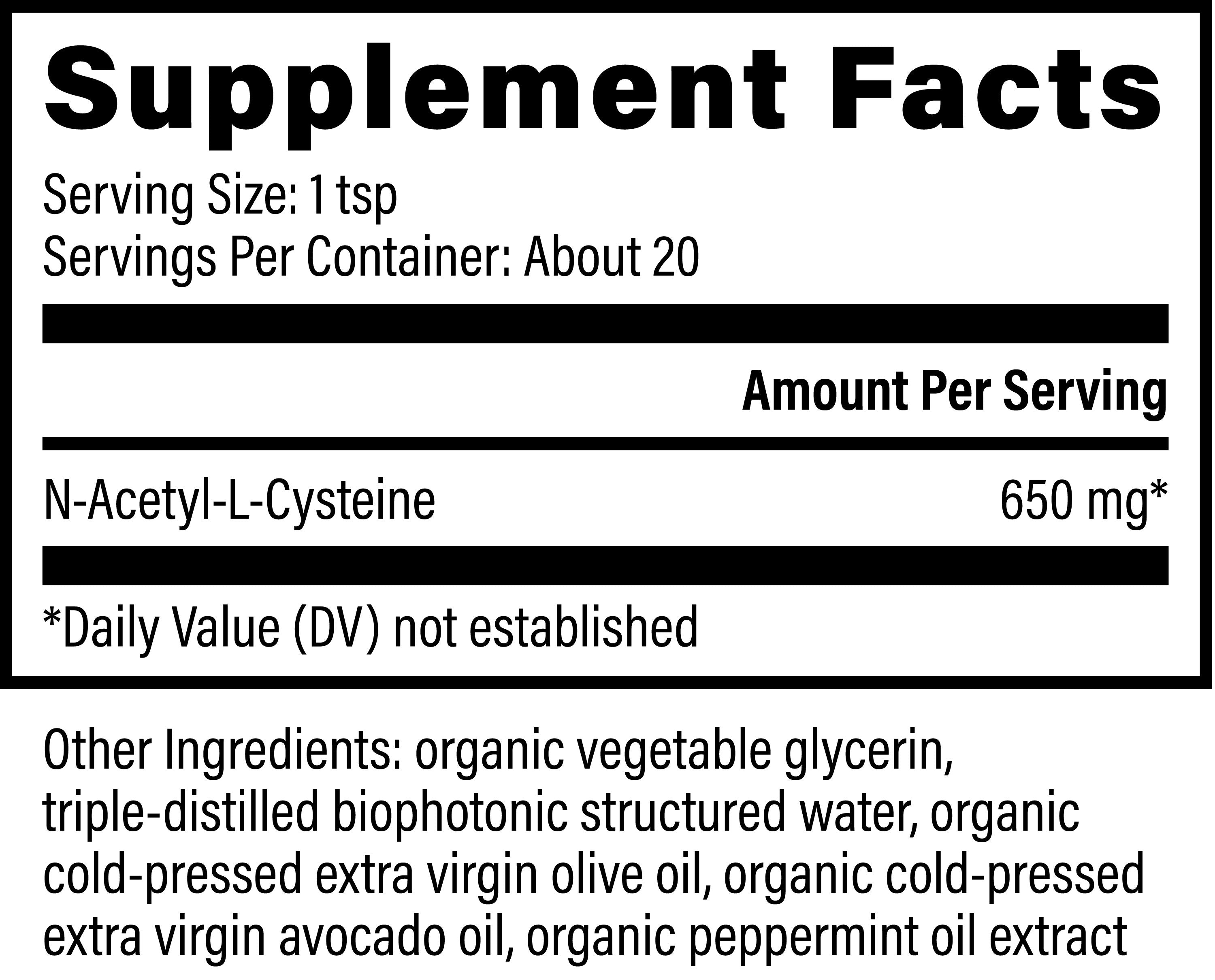 Supplement facts panel for Global Healing NAC showing 650mg of N-Acetyl-L-Cysteine per serving and other ingredients