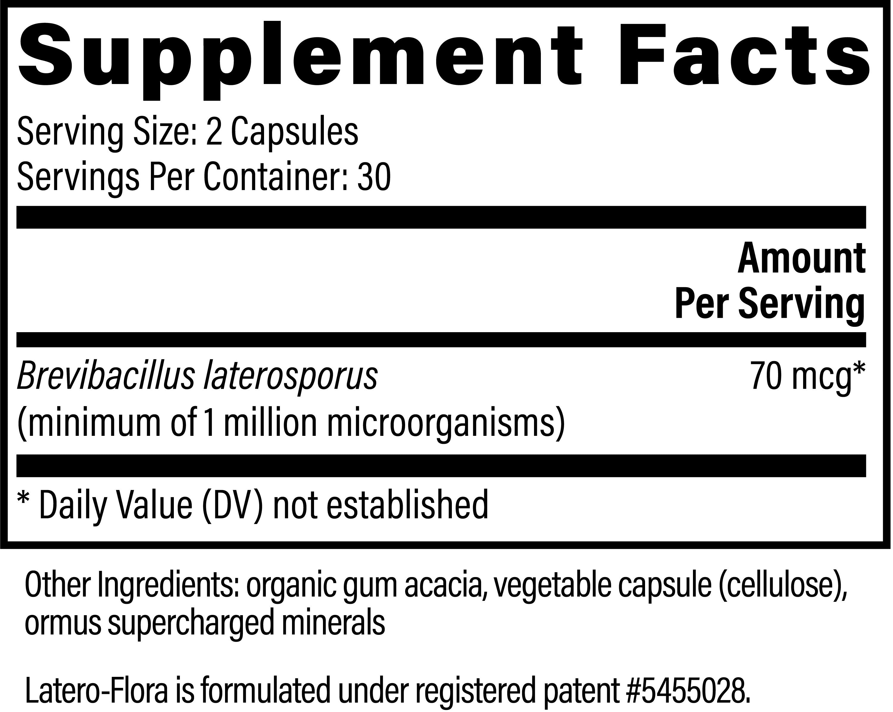 Global Healing's Latero-Flora - Supplement Facts for the Probiotic Supplement for Healthy Digestion.