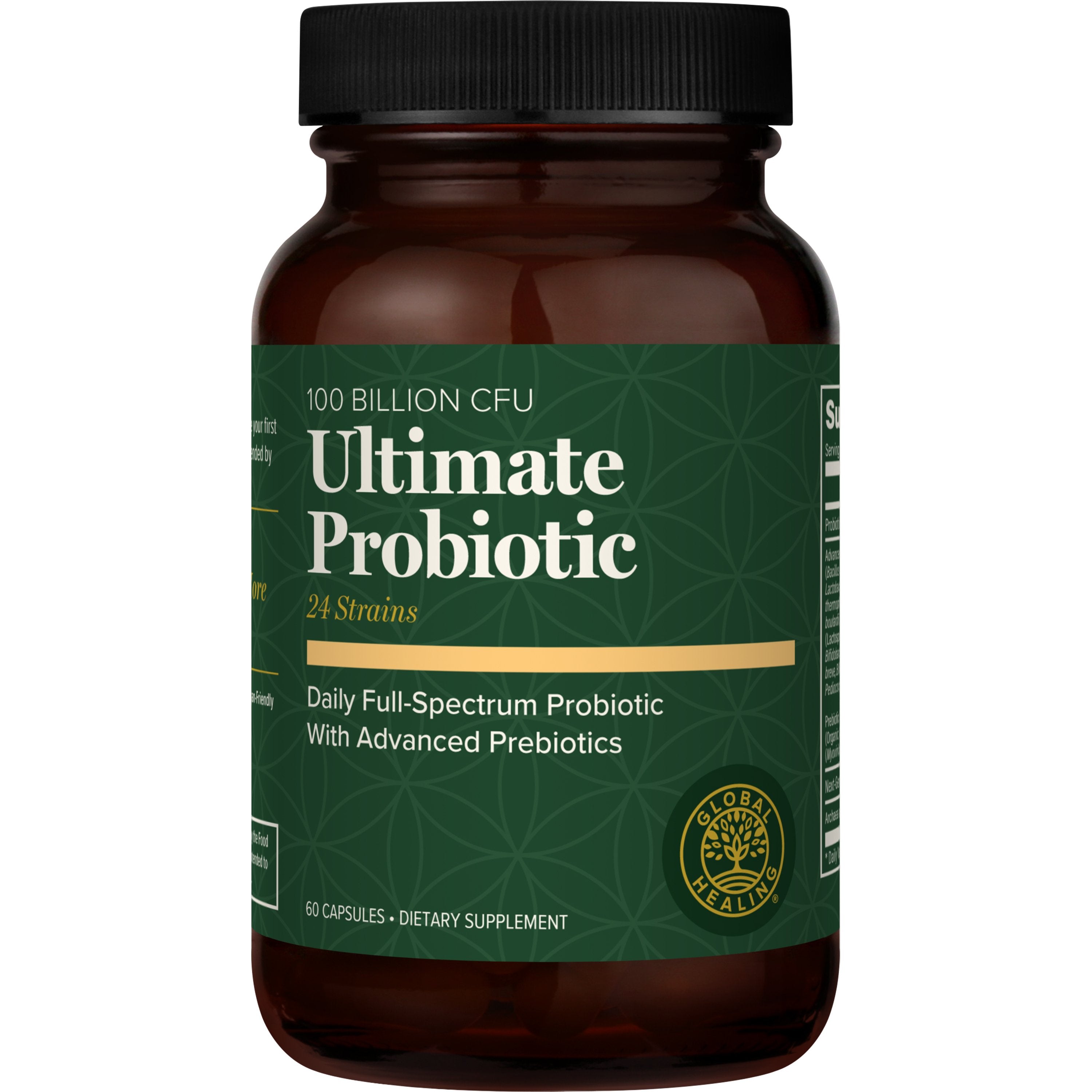 A bottle of Ultimate Probiotic dietary supplement with 100 billion CFU, featuring a dark green label with white text and a gold seal, on a white background.