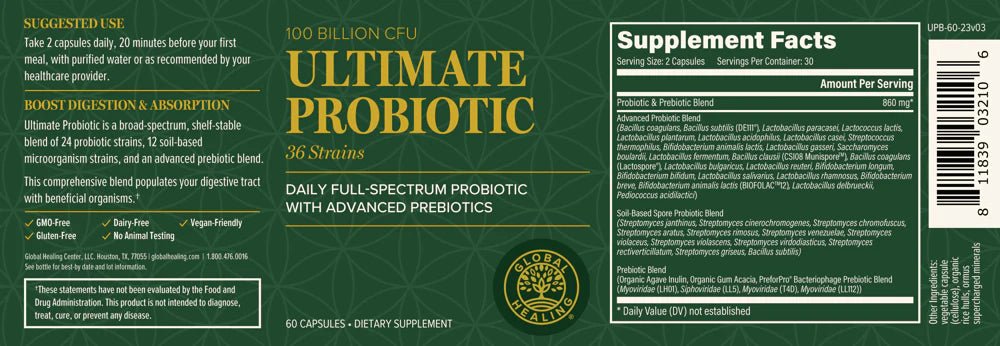Supplement facts shown on the bottle label of Ultimate Probiotics