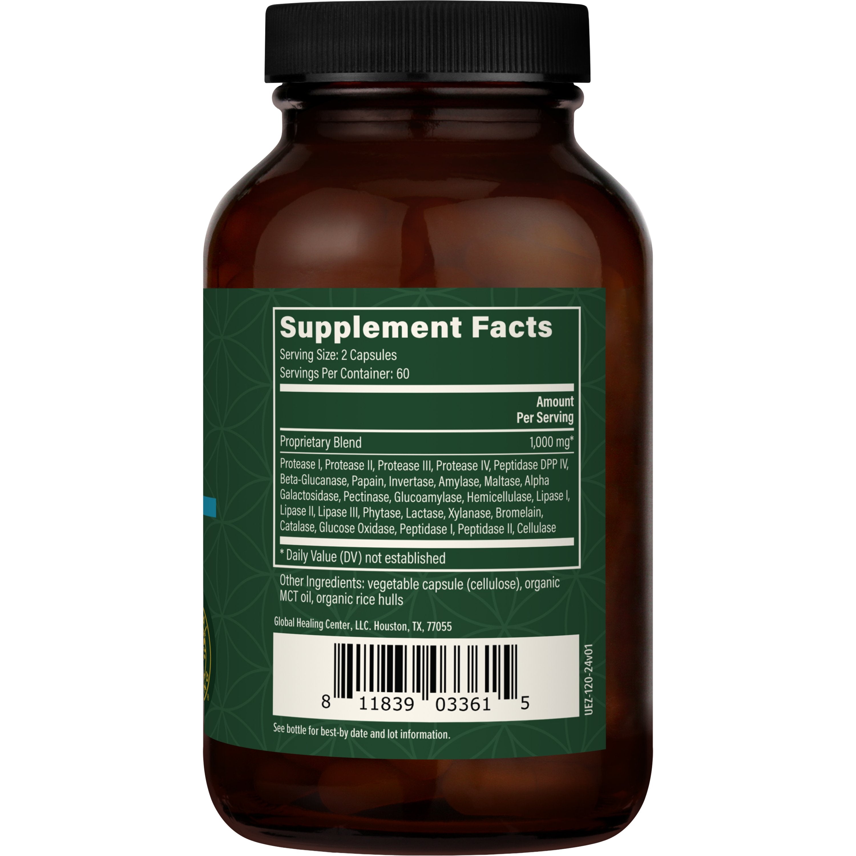 Ultimate Enzymes Gluten Free Vegan Formula 120 capsules Bottle right view by Global Healing
