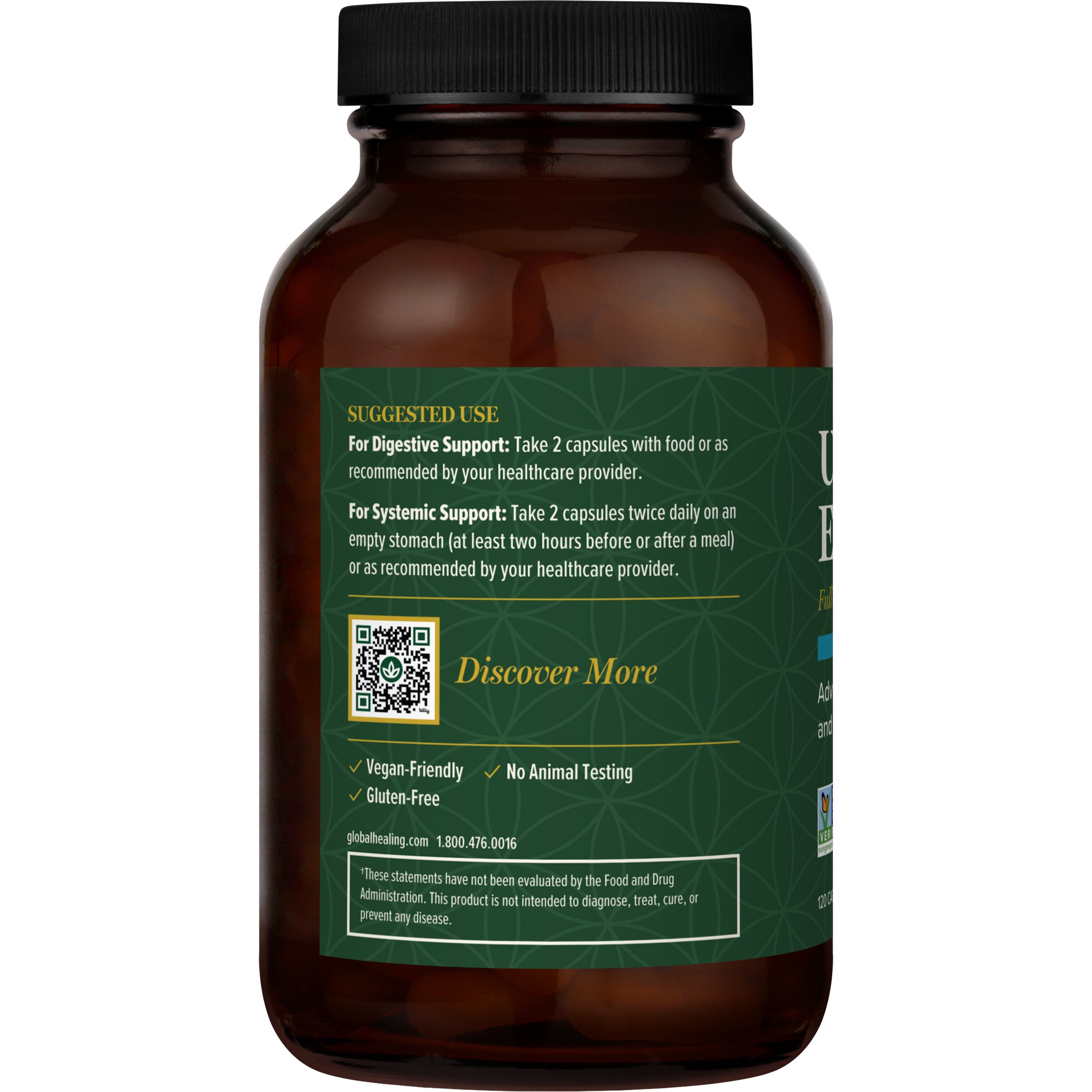 Ultimate Enzymes Gluten Free Vegan Formula 120 capsules Bottle left view by Global Healing
