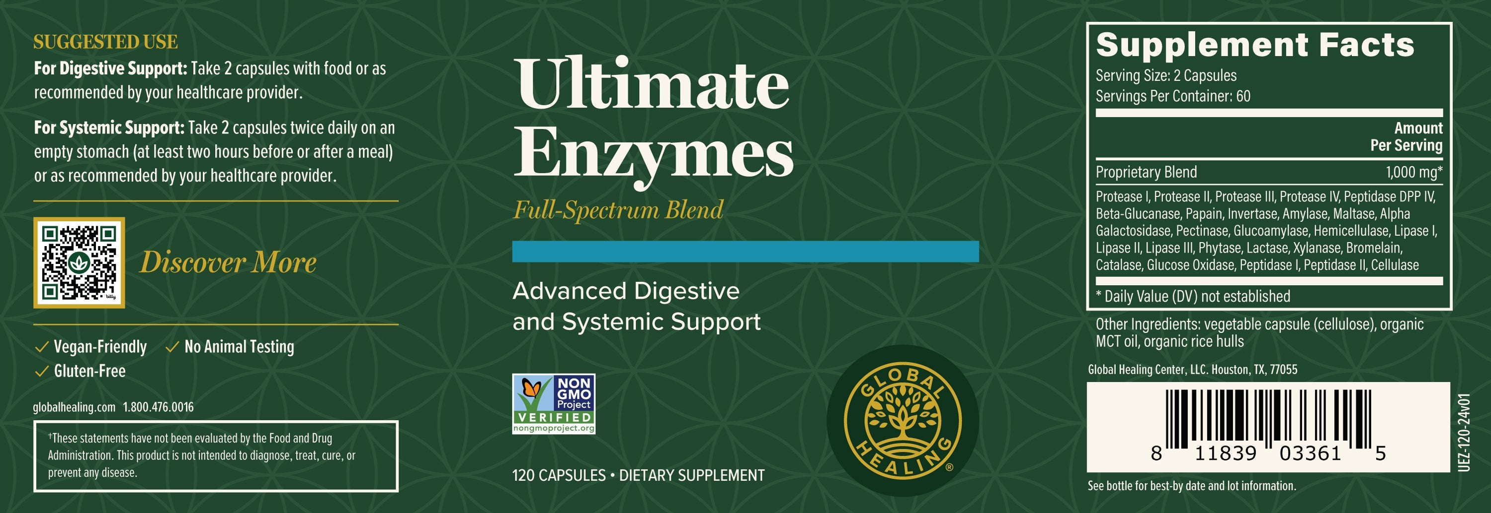Supplement label for 'Ultimate Enzymes' with text and branding on a green background