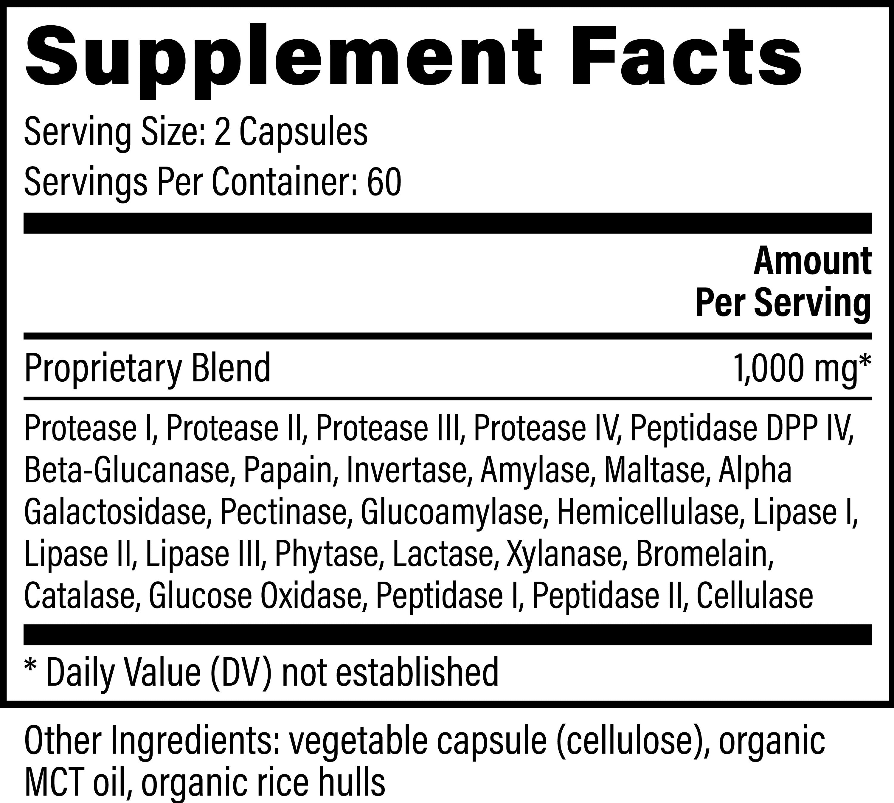 Supplement facts label For Ultimate Enzymes with detailed ingredient list on a white background