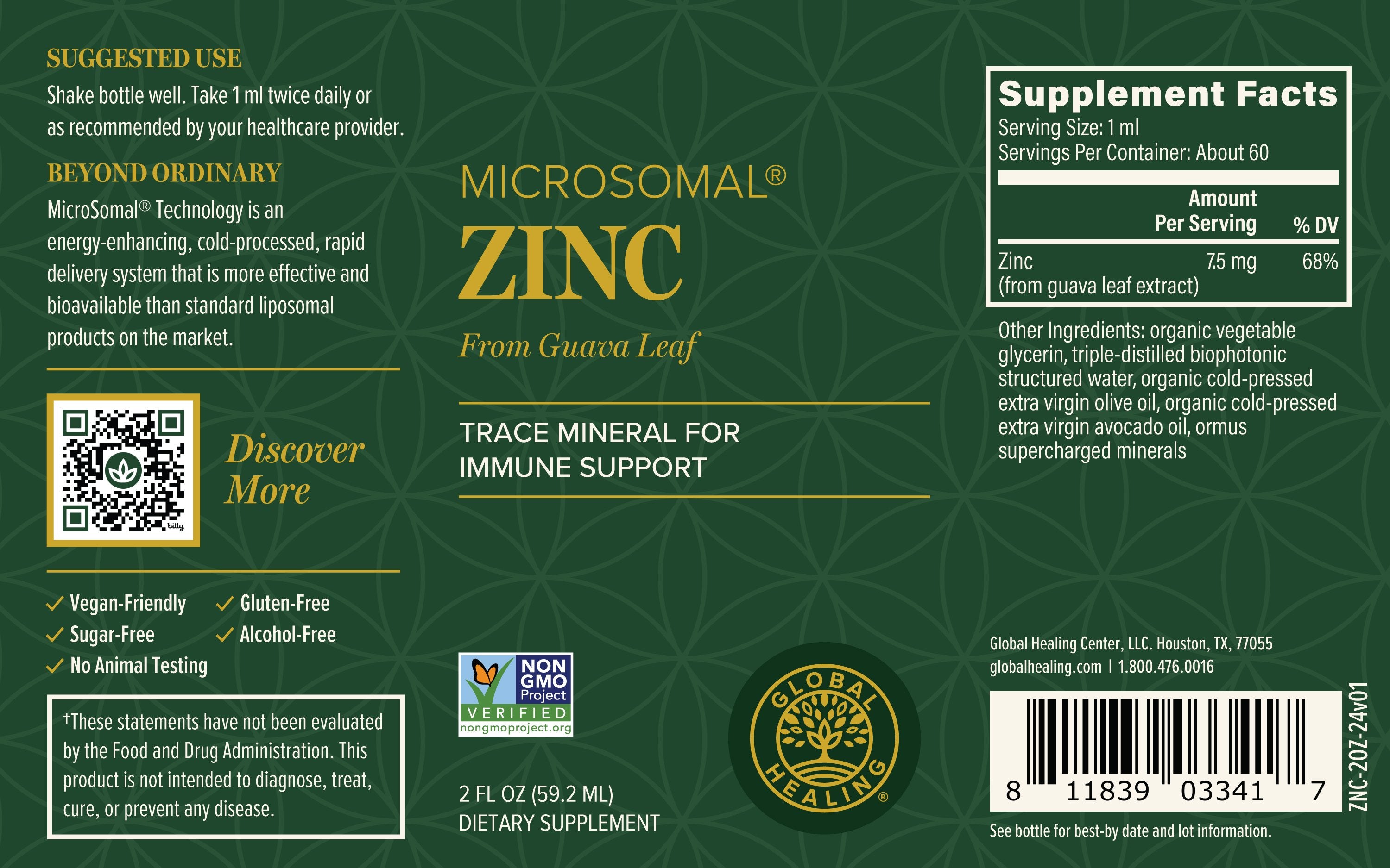 Supplement label for Microsomal Zinc from Guava Leaf on a green background