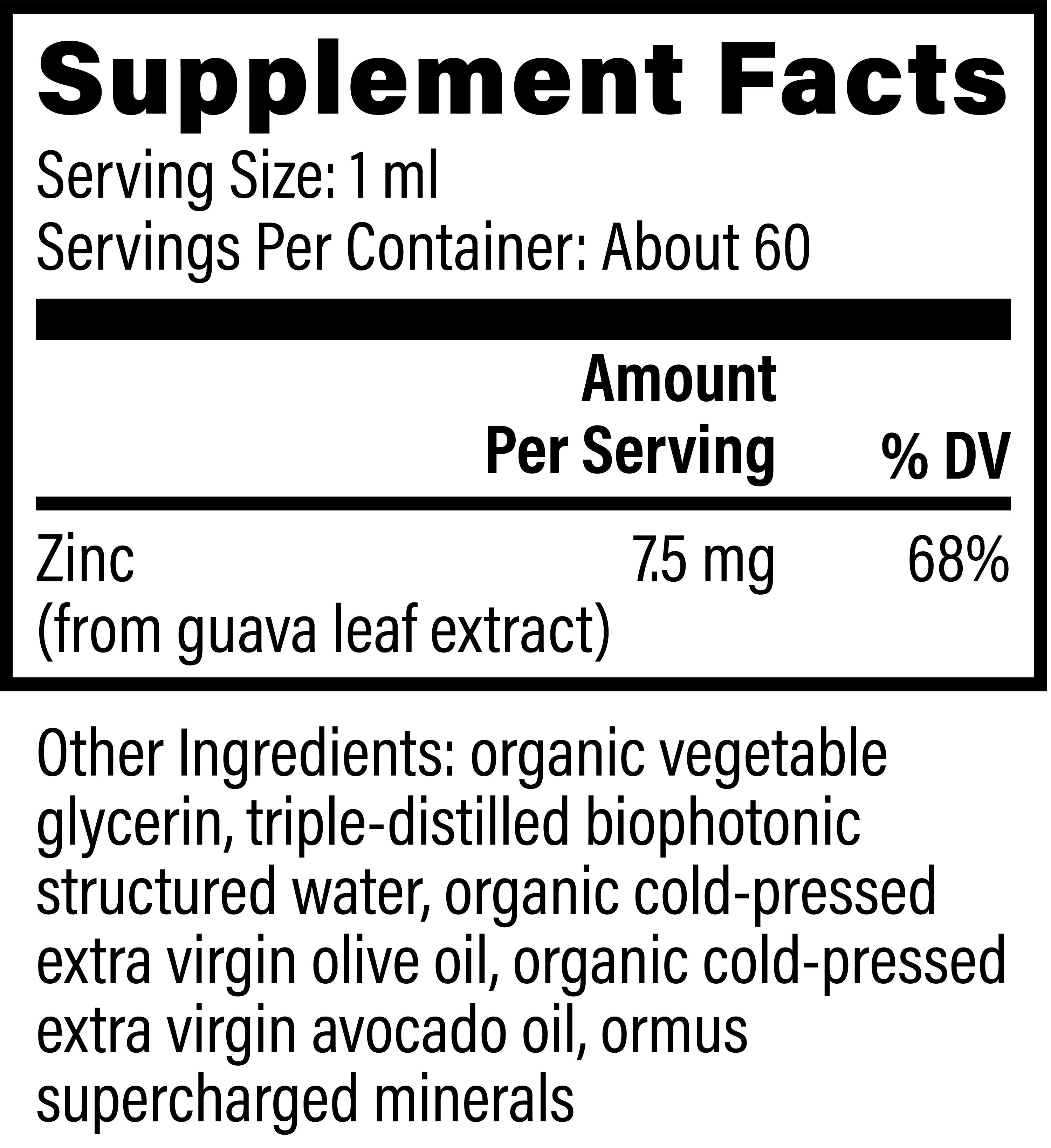 Supplement facts label for Global Healing Zinc with detailed ingredient list on a white background