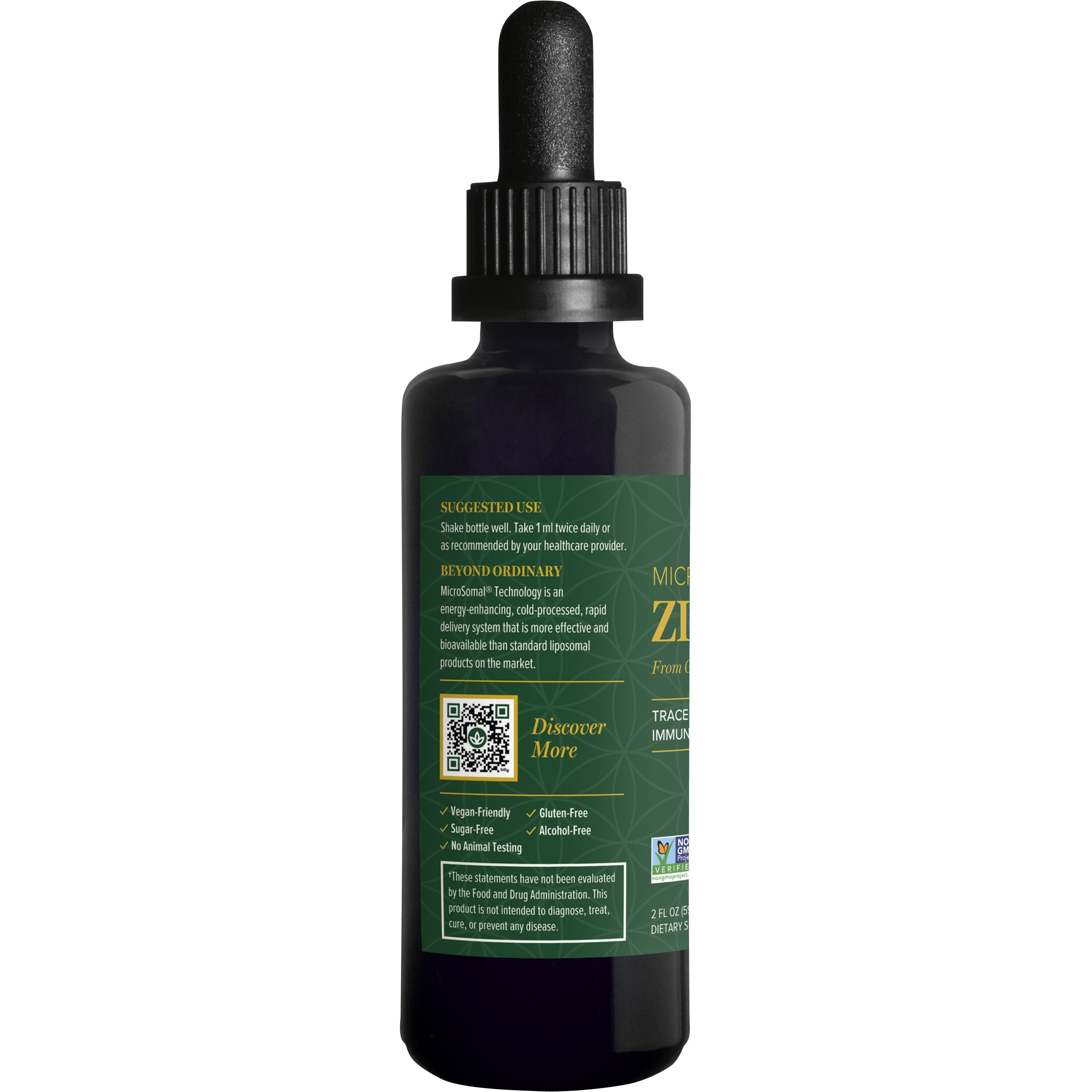 A black glass dropper bottle of Microsomal global healing Zinc dietary supplement, showing the back label with green and white text, a QR code, and a Discover More badge on a white background.