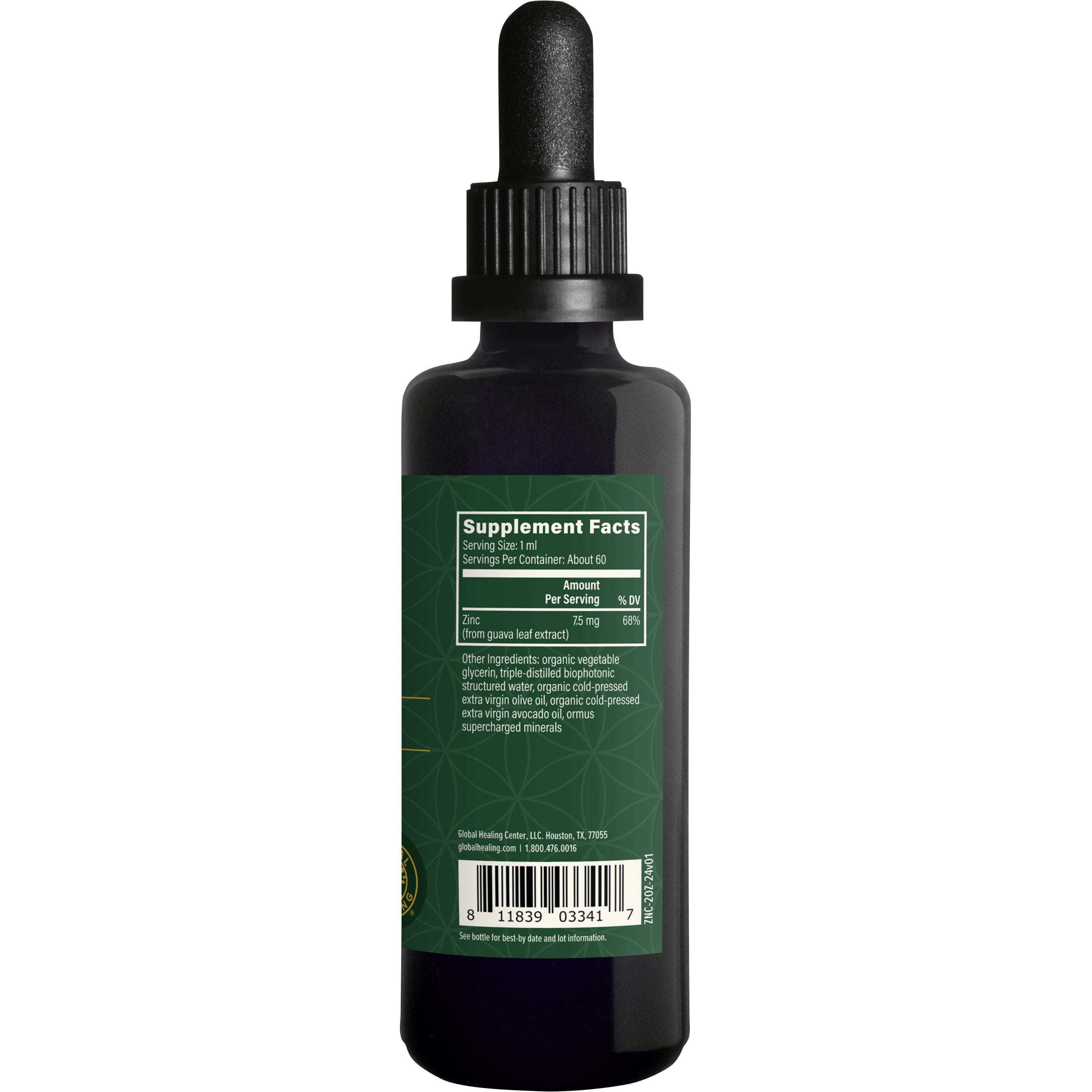 A dark amber glass dropper bottle with a black cap, showing the back label with Supplement Facts for Global Healing Zinc.