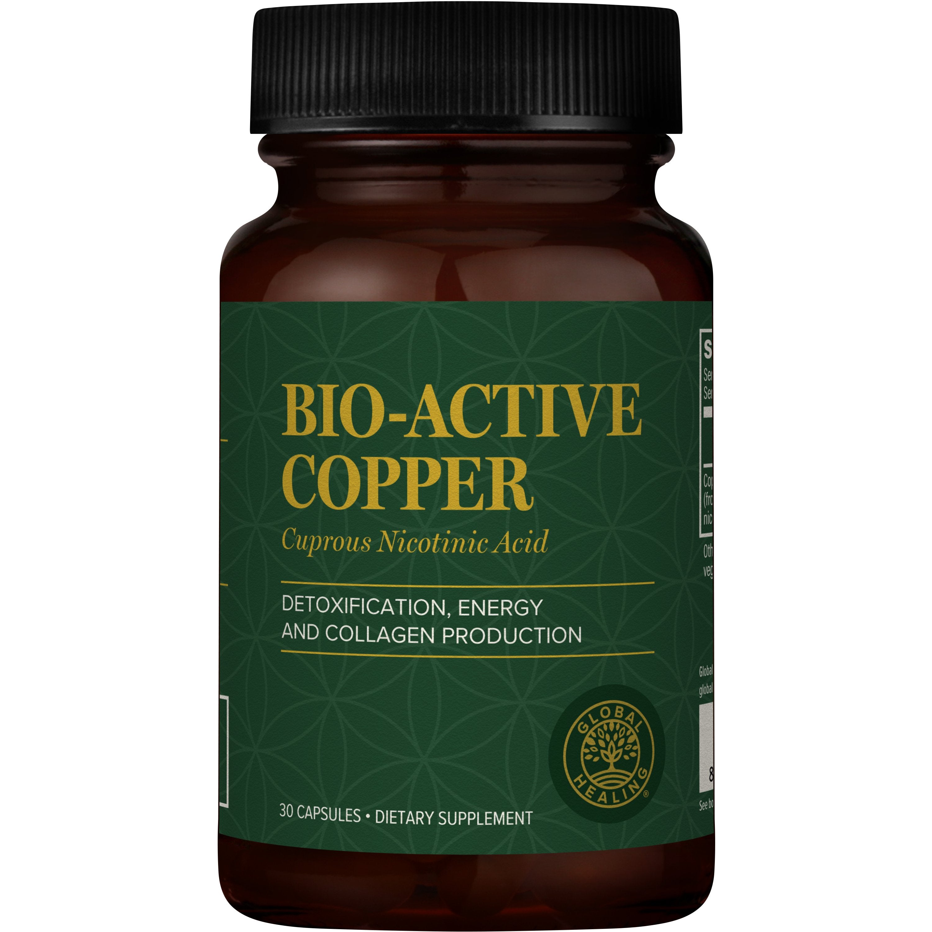A bottle of Global Healing's Bio-Active Copper, previously known as CU1 and formulated with Cuprous Nicotinic Acid.