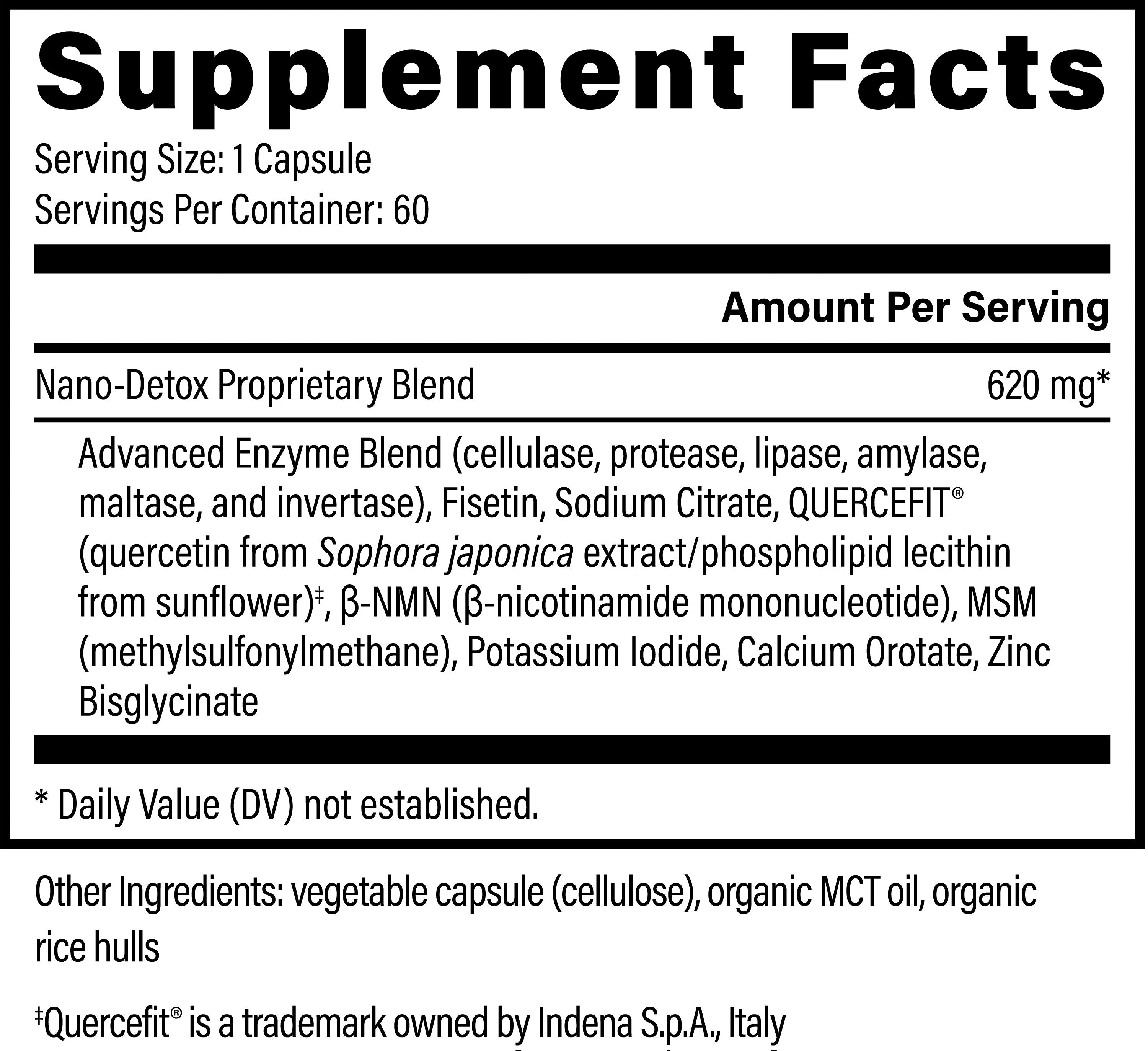 Supplement facts label for a Nano-Detox proprietary blend with detailed ingredient list.