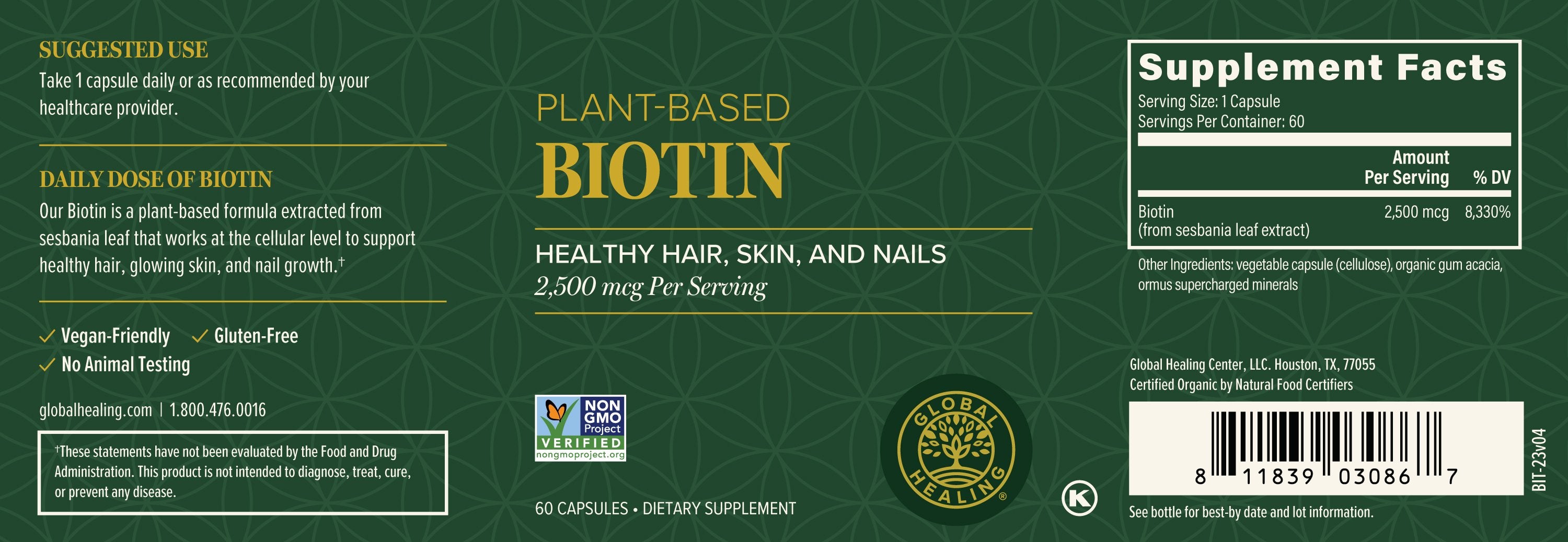 Global Healing Plant Based Biotin For Healthy Hair and Nails 60 Capsules Bottle Label