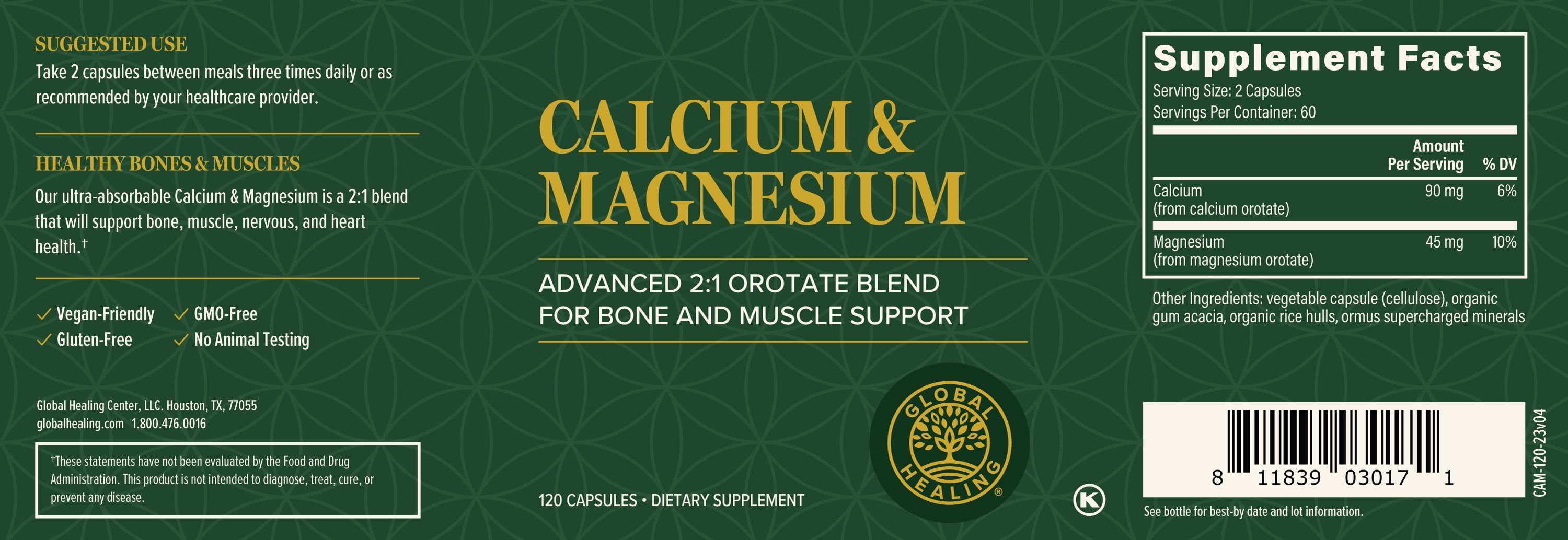 Global Healing Calcium and Magnesium  Orotate 120 Capsules Bottle Label