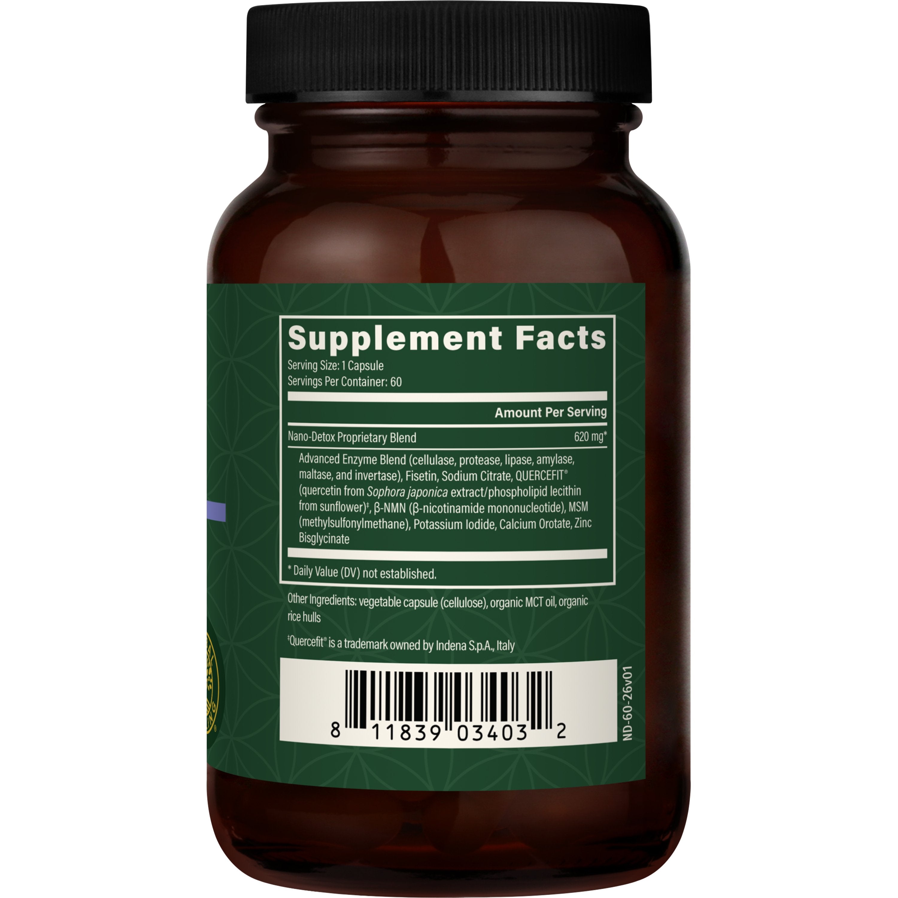 Brown supplement bottle with green label displaying 'Supplement Facts' on a white background