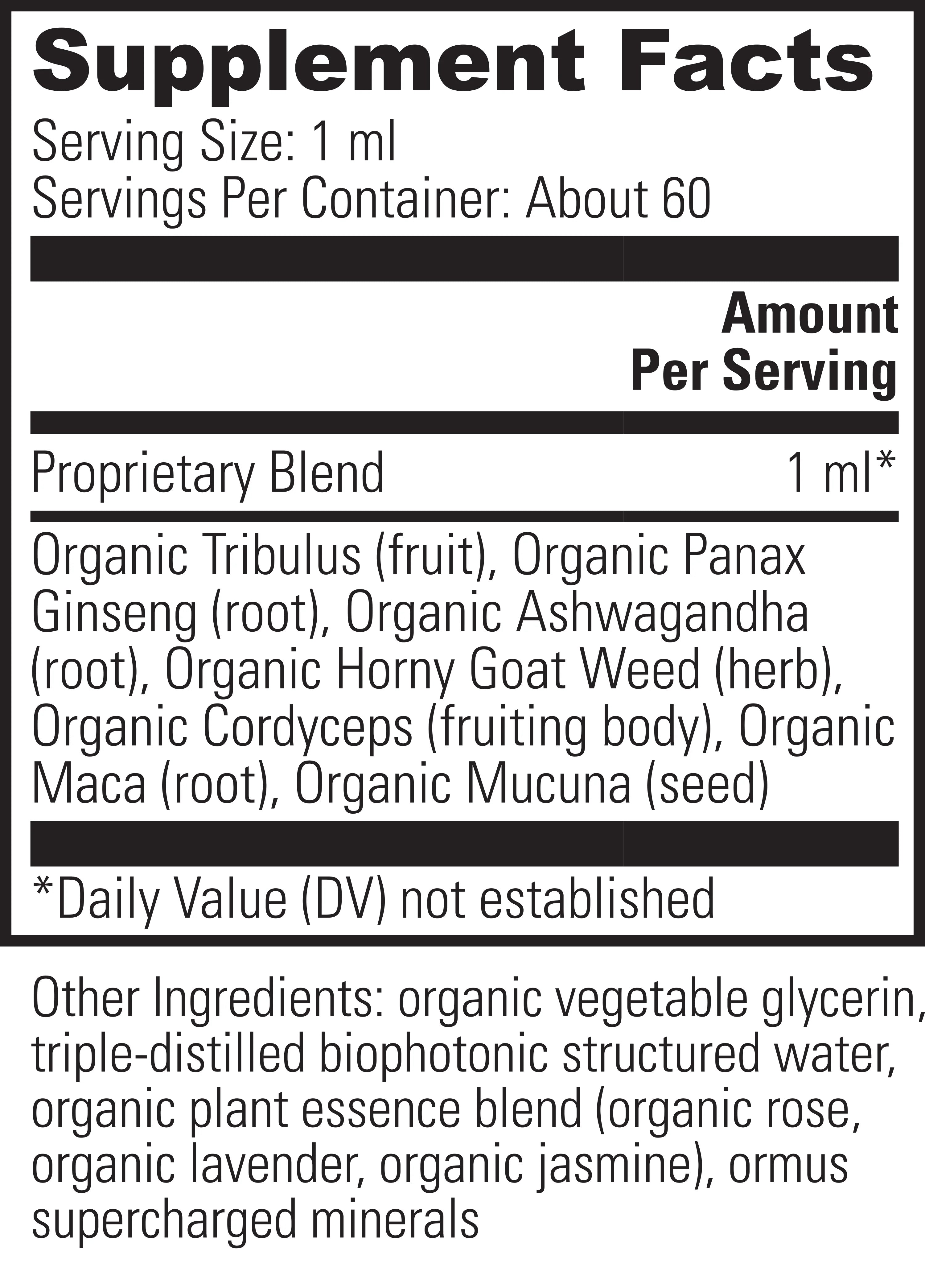 A label showing the ingredients of Global Healing's Men's Hormone Support (formerly Androtrex), an All-Natural Male Vitality Booster.