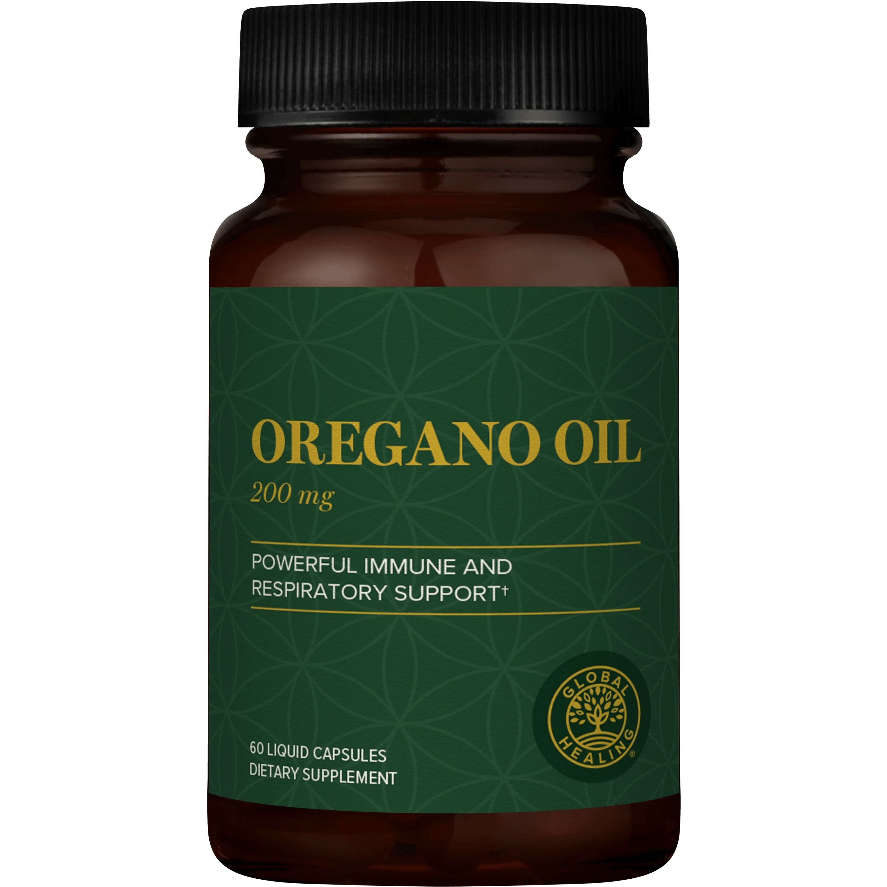 Bottle of Oregano Oil liquid capsules by Global Healing