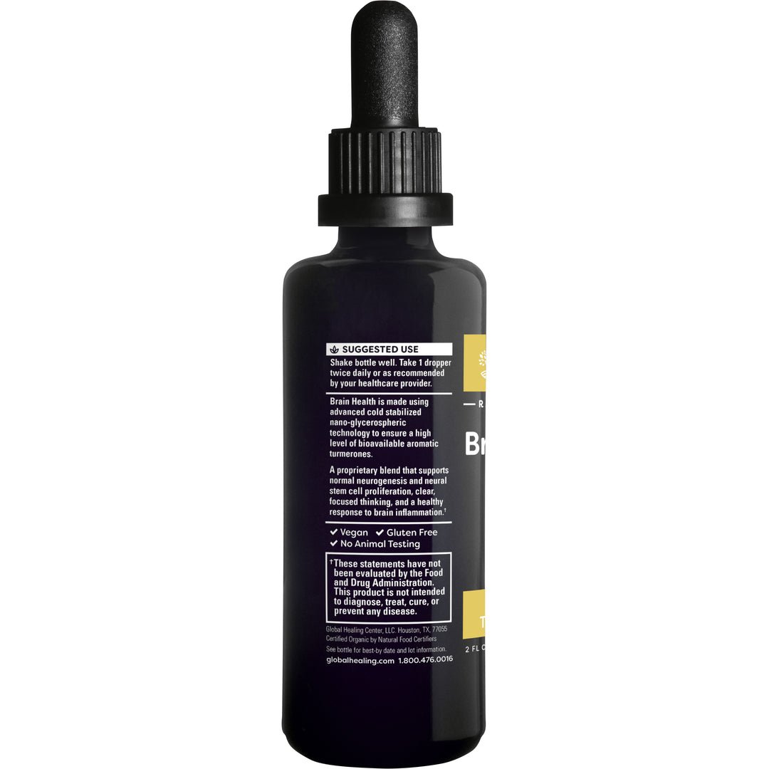 A bottle of Keeps Brain Cells Healthy Brain Health cbd oil on a white background.