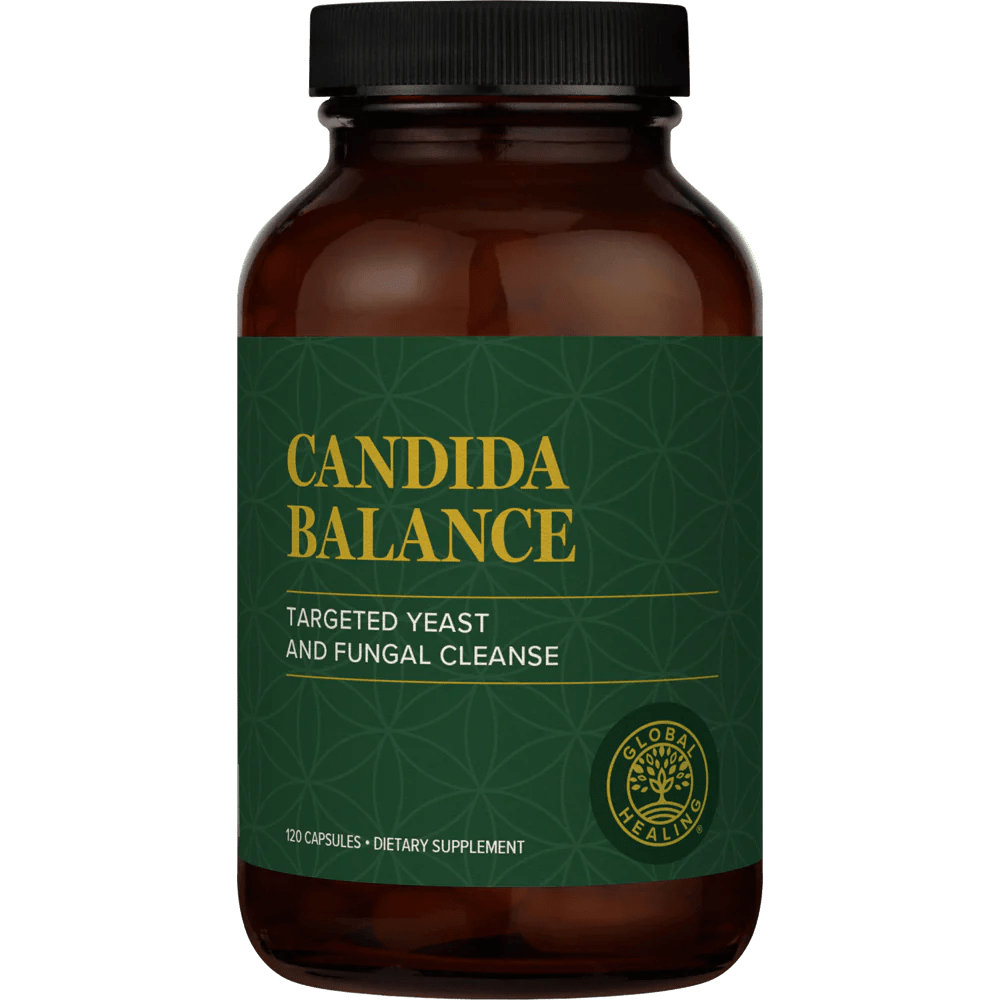 A bottle of Candida Balance from Global Healing Harmful Organism Cleanse Program