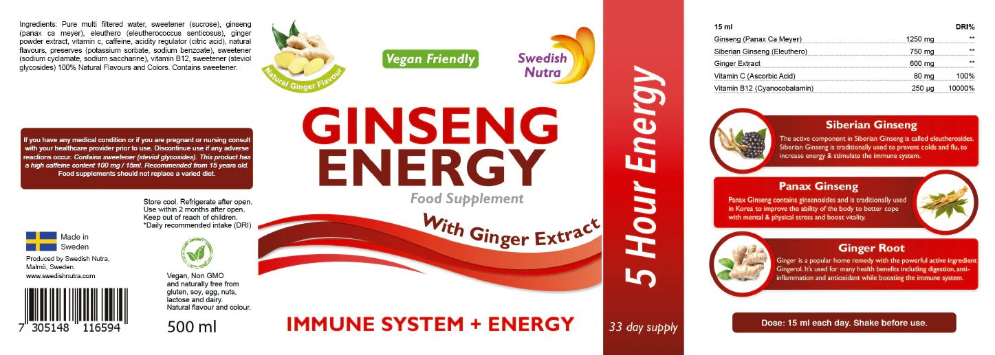 Swedish Nutra Ginseng Energy Bootle Label 500ml