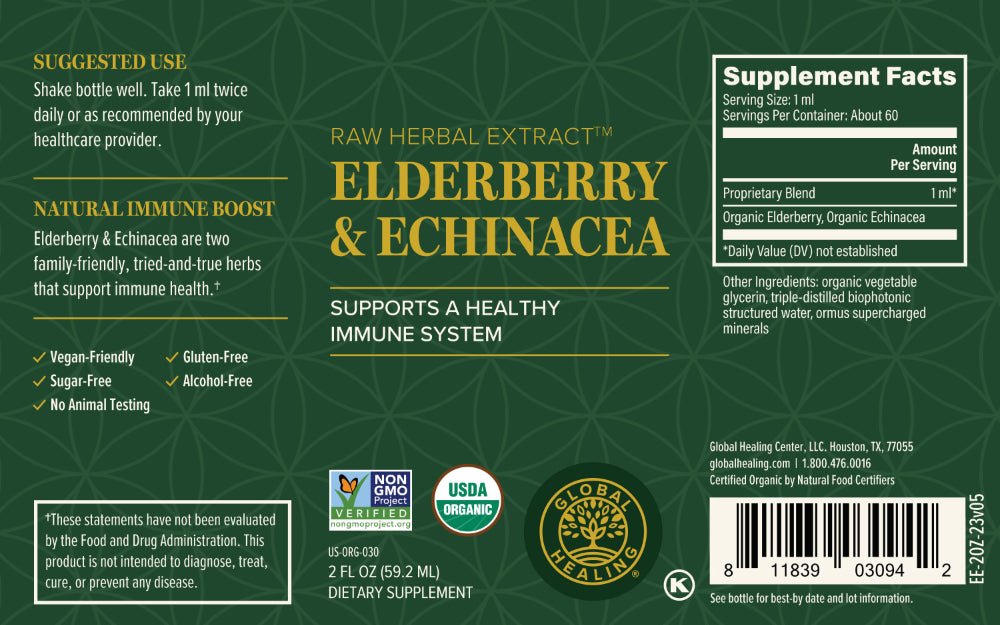 Global Healing Elderberry & Echinacea Label 60ml Bottle