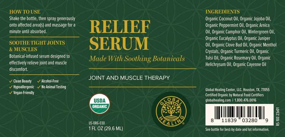 Global Healing Organic Relief Serum With Soothing Botanicals 1fl oz Bottle Label