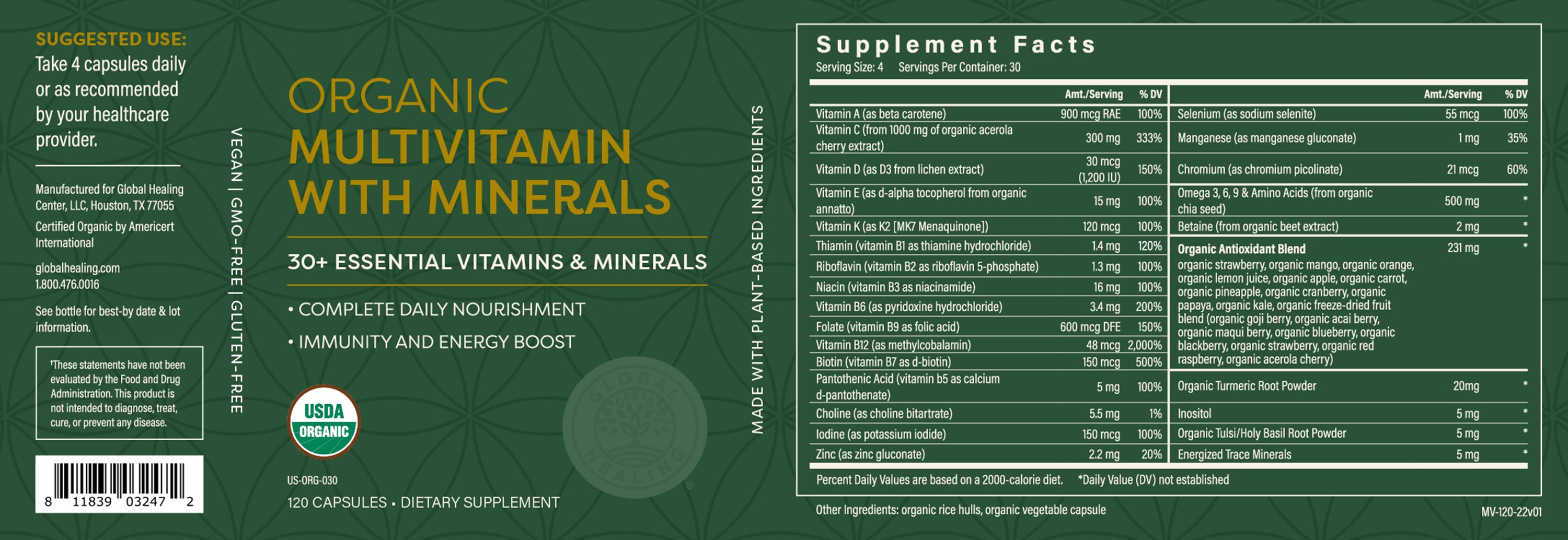 Global Healing Organic Mulitvitamin with minerals Bottle label 120 capsules