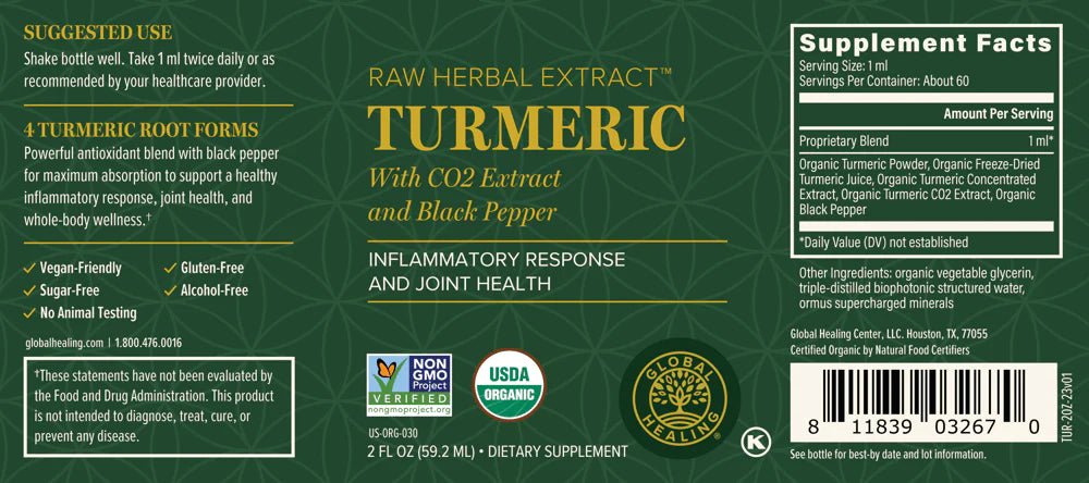 The Supplement facts for Turmeric, from the bottle label