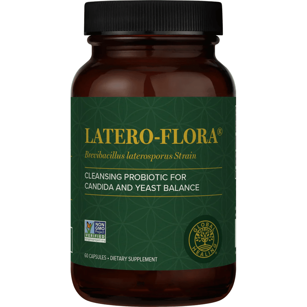 A bottle of Latero Flora from Global Healing Harmful Organism Cleanse Program