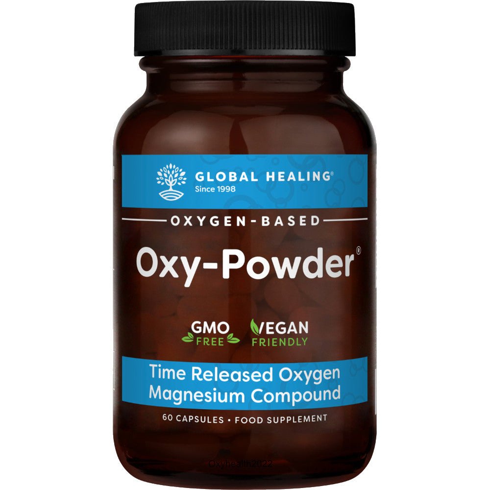 A bottle of Global Healing Oxy-powder 60 caps